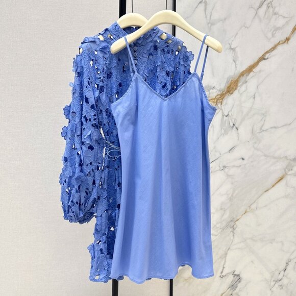 Zimmermann Blue Lace Mini Dress Long Sleeve Floral Lace Belted Dress - Picture 2 of 9